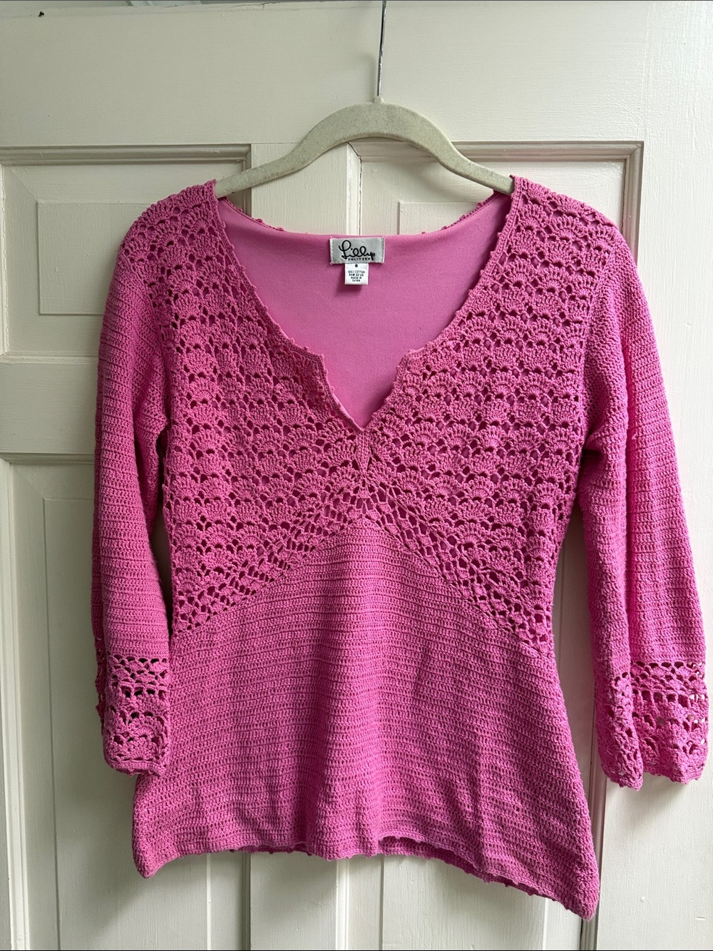 Pink Crochet Knit V-Neck Sweater - Loulou?